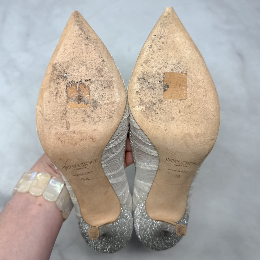 Jimmy Choo Silver and Ivory Glitter Mesh Pointed-Toe Heels - Picture 12 of 16